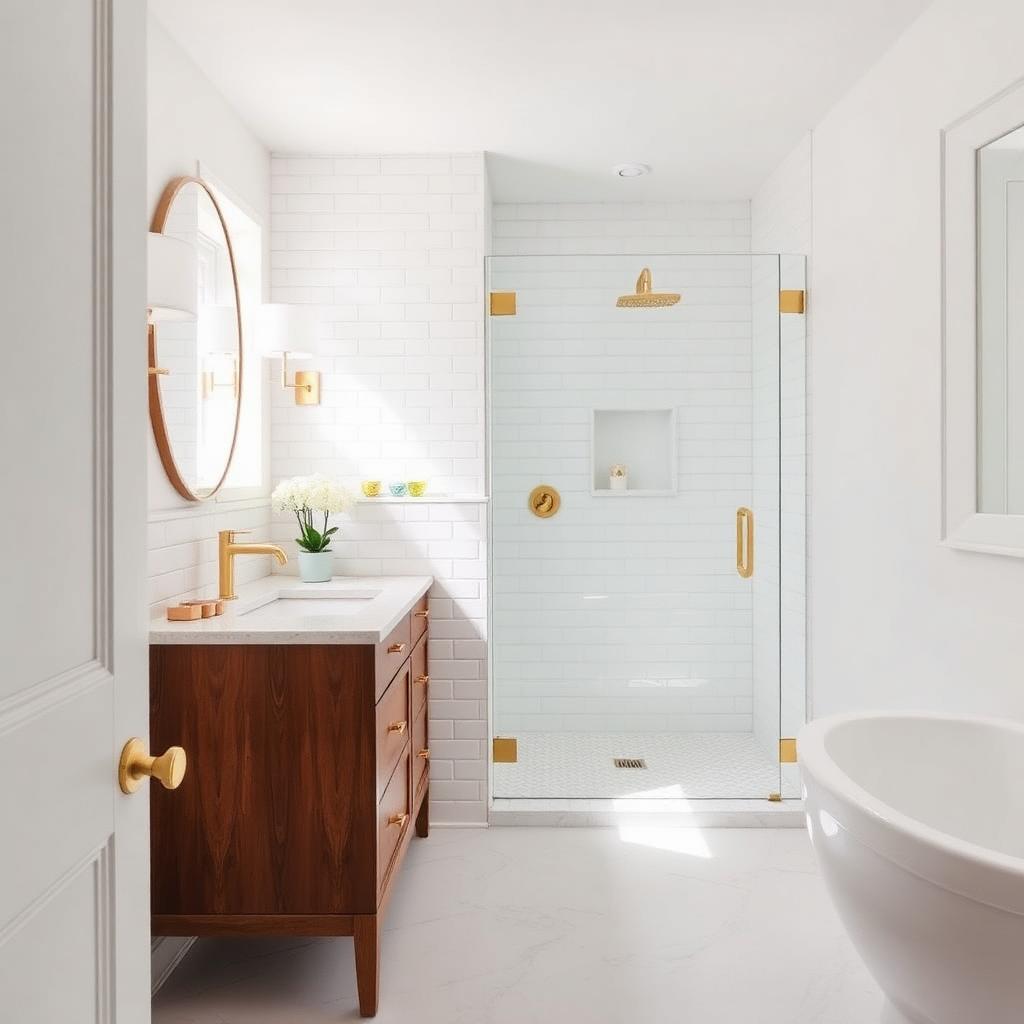 Modern bathroom with subway tile and gold fixtures