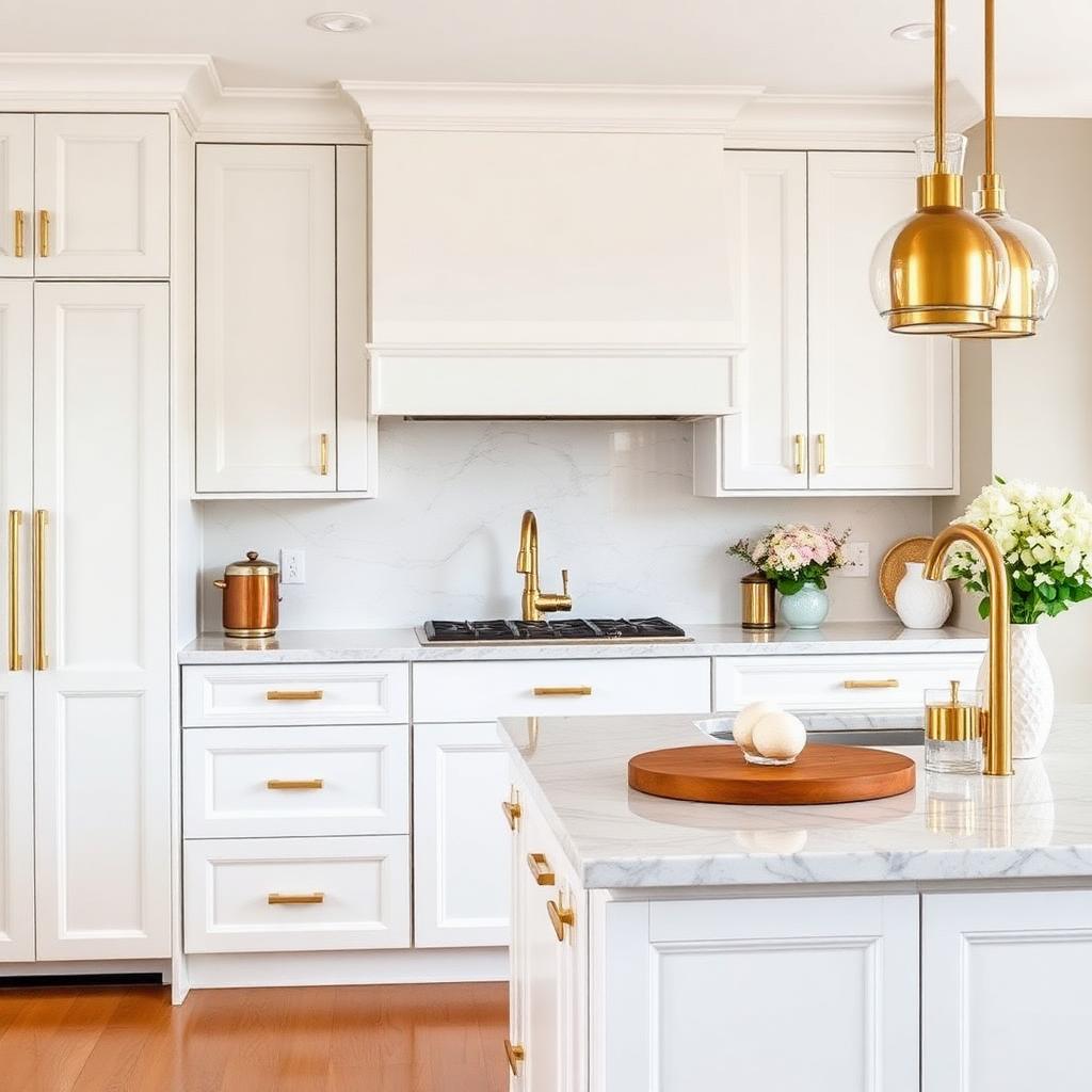 Bright white kitchen with marble backsplash